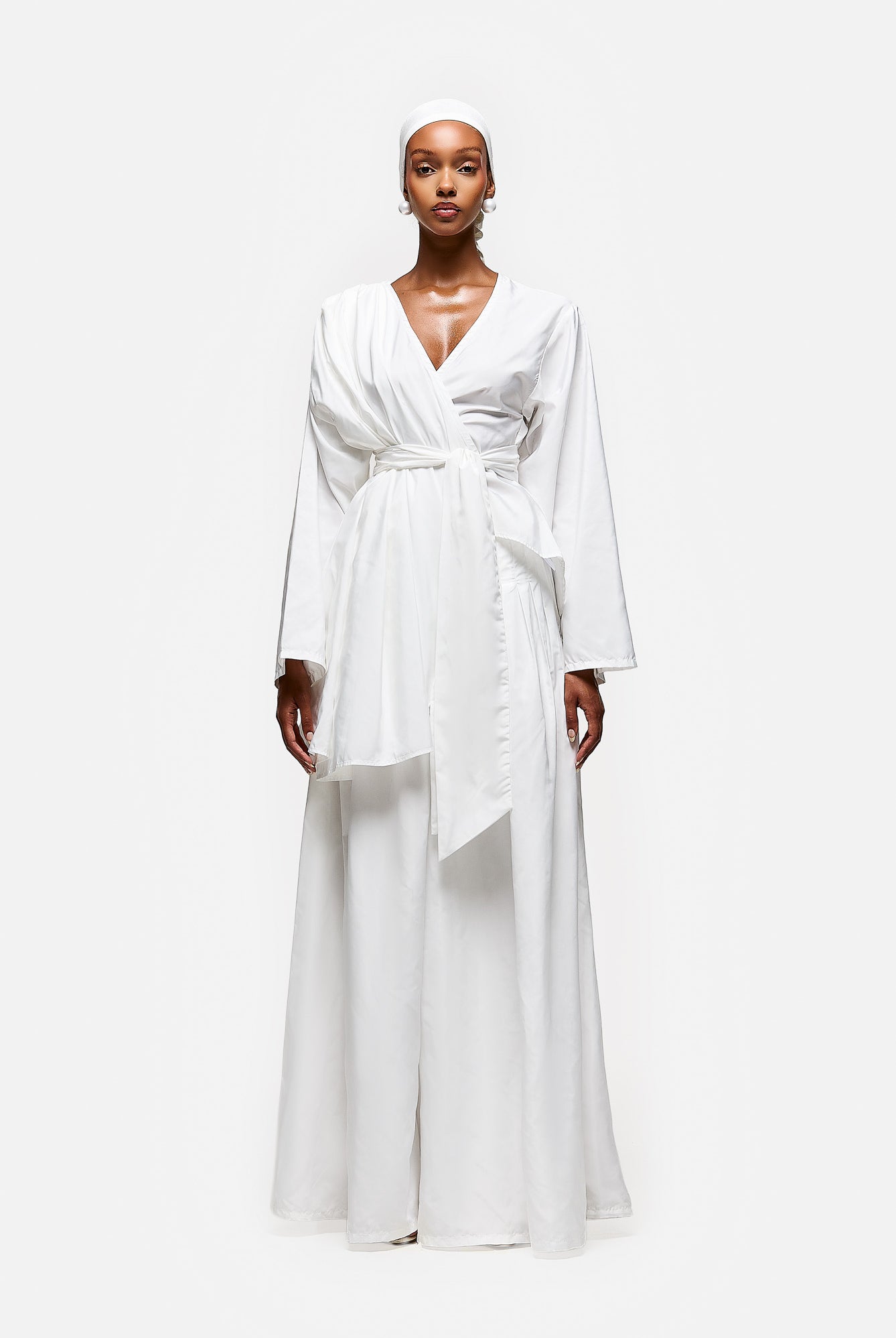 Wide Leg Pleated Nylon Pant - White