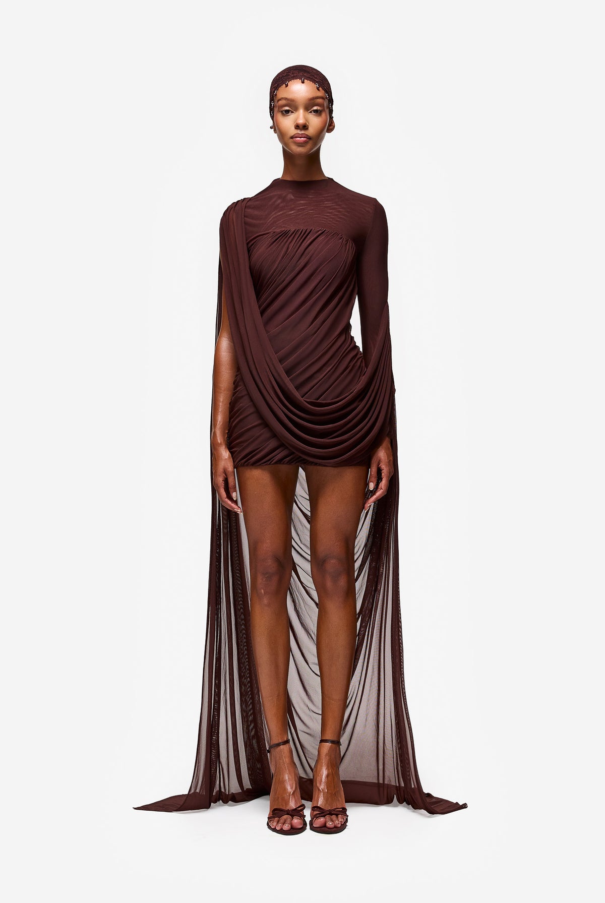 Diagonal Ruched Mini With Cape - Expresso Martini