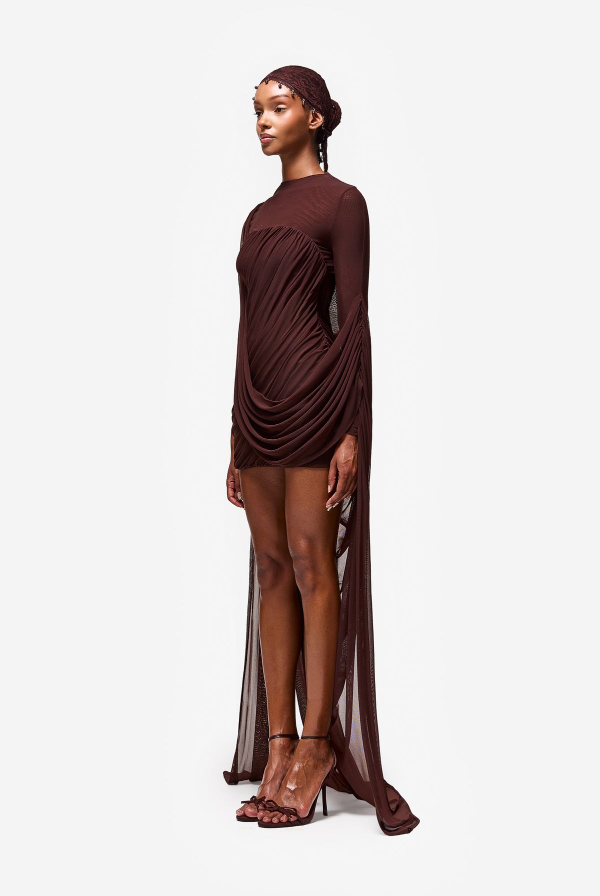 Diagonal Ruched Mini With Cape - Expresso Martini