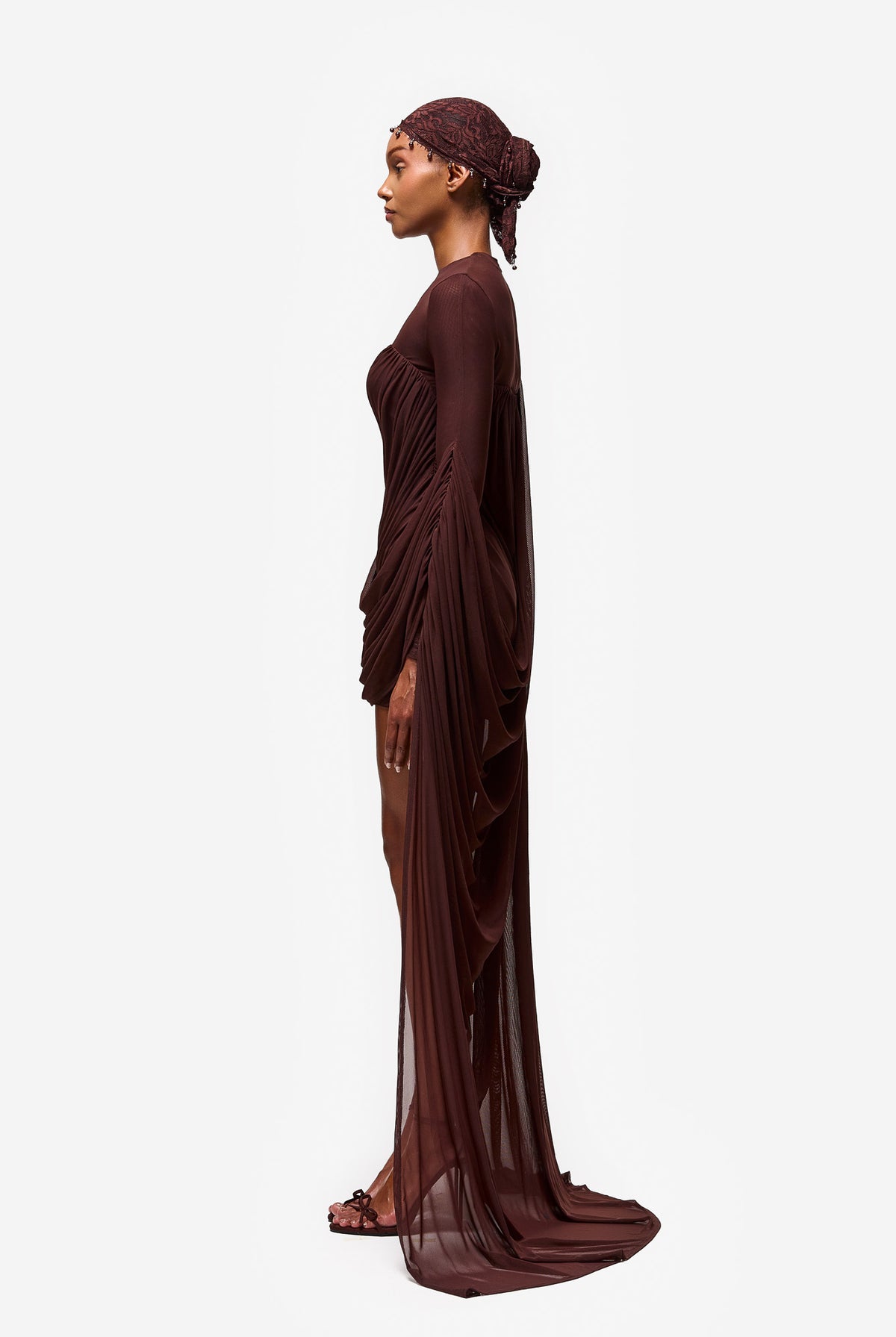 Diagonal Ruched Mini With Cape - Expresso Martini