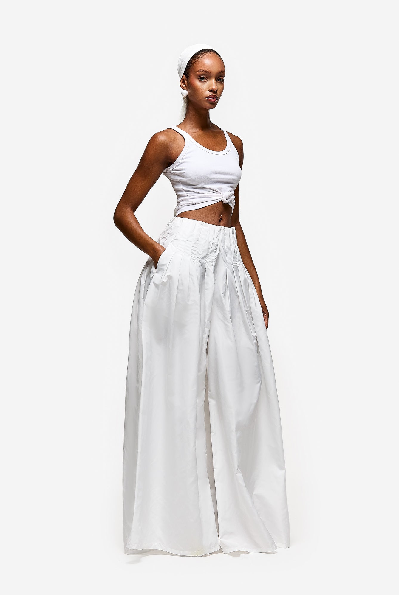 Wide Leg Pleated Nylon Pant - White