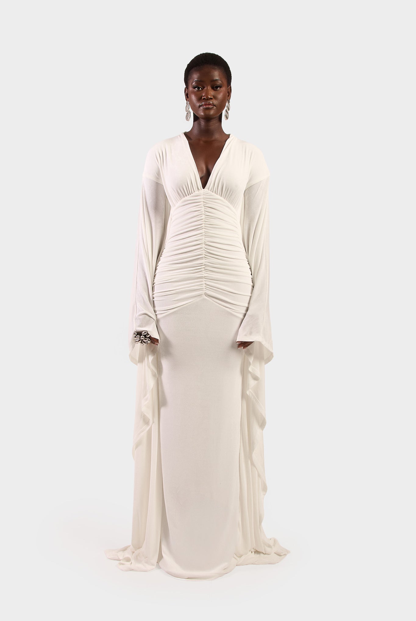 Ruched Batwing Gown - White