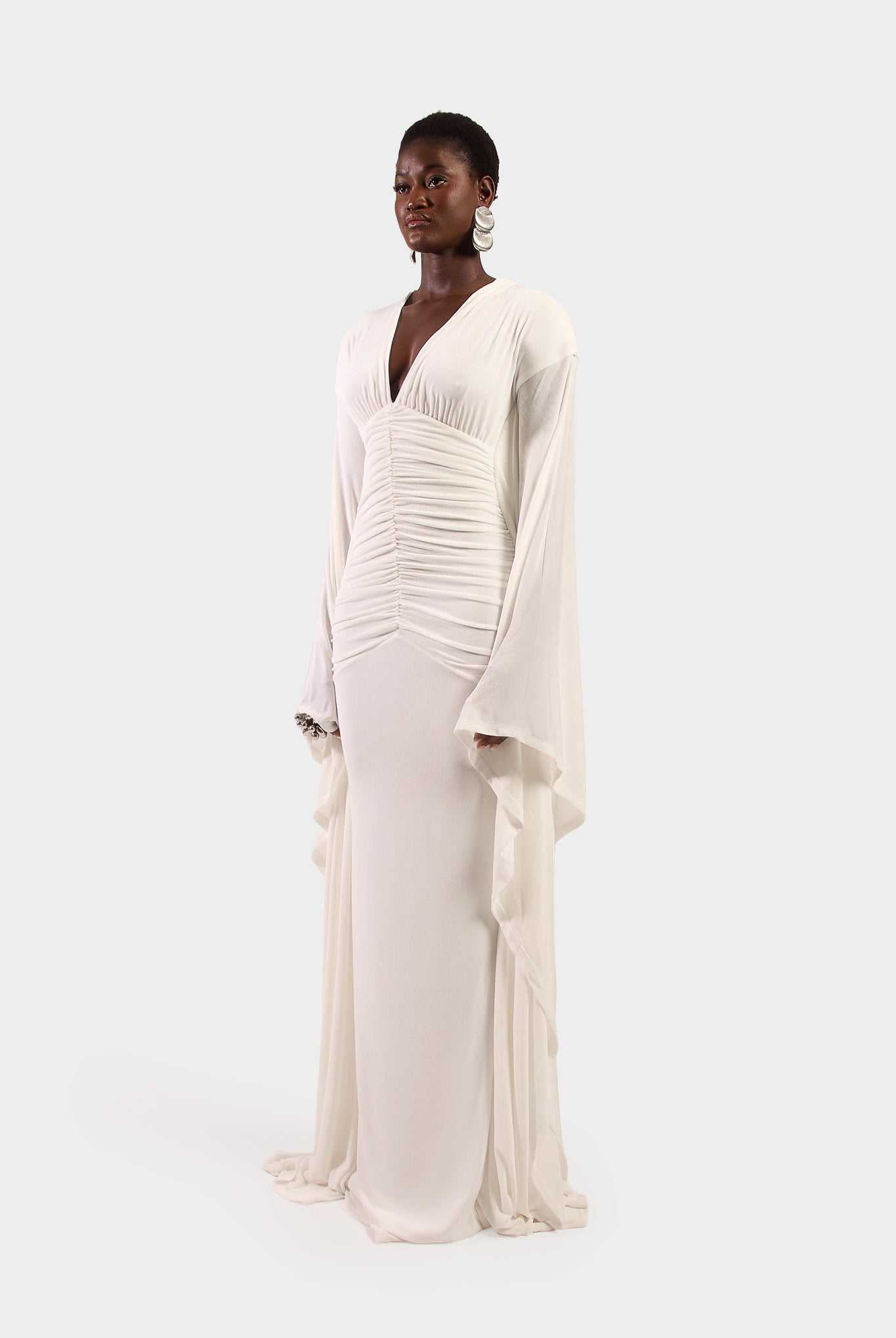 Ruched Batwing Gown - White