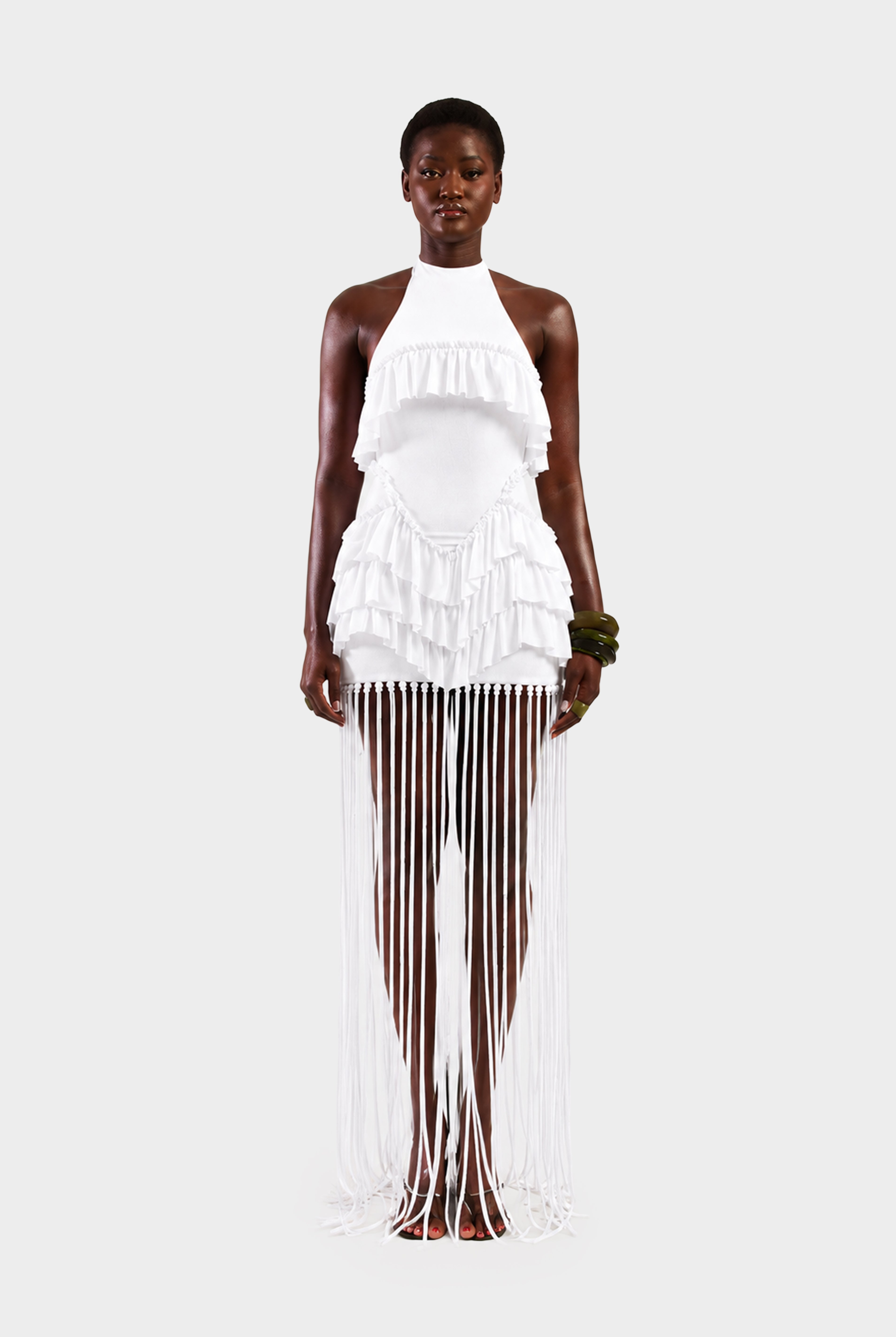 Ruffle Tassel Dress - White