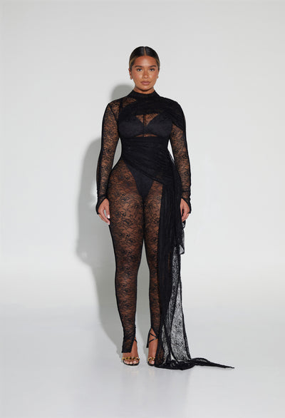 Laced Ruched Overlay Catsuit - Panther