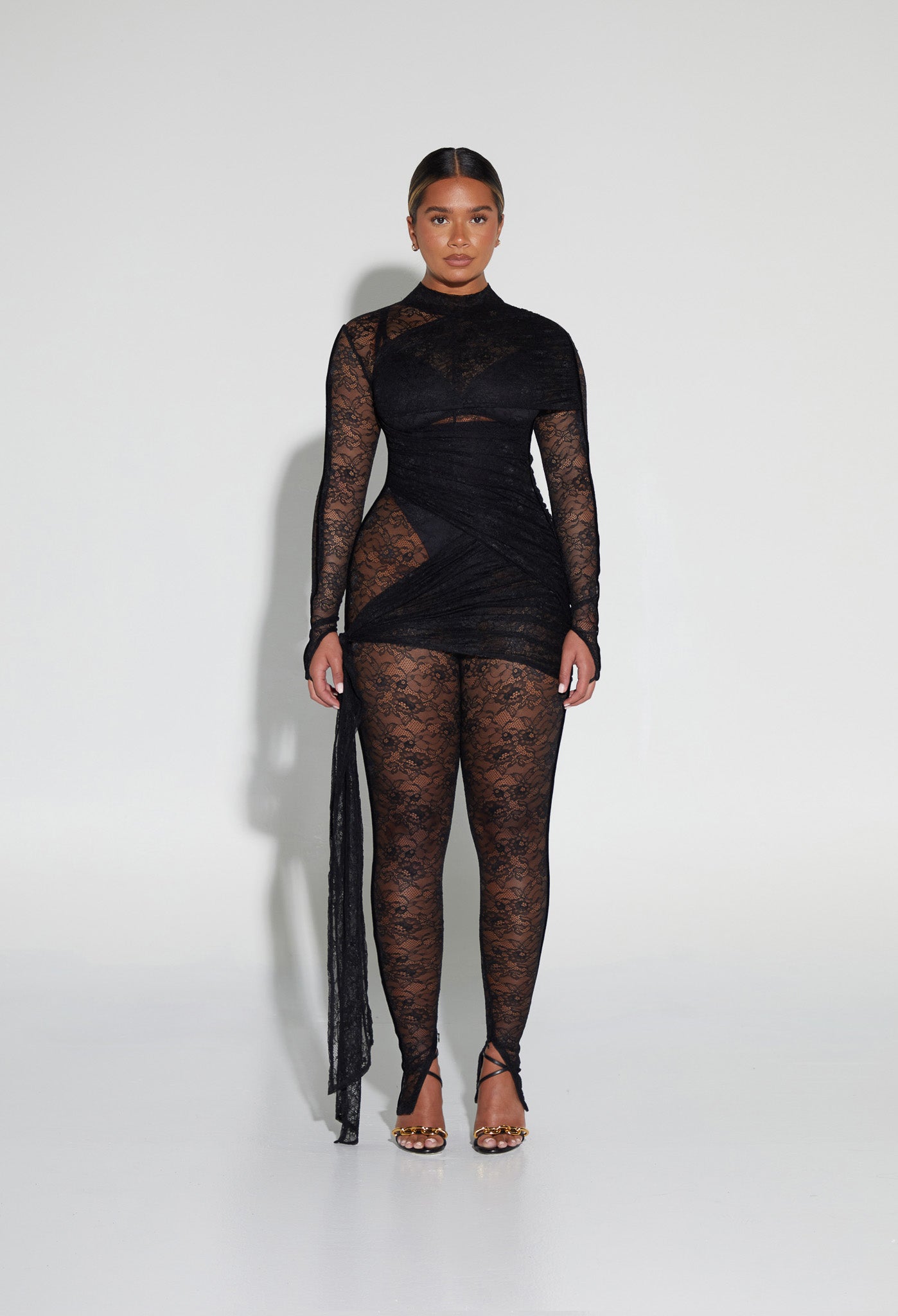 Laced Ruched Overlay Catsuit - Panther