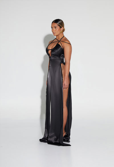 Satin Split Chain Gown - Panther