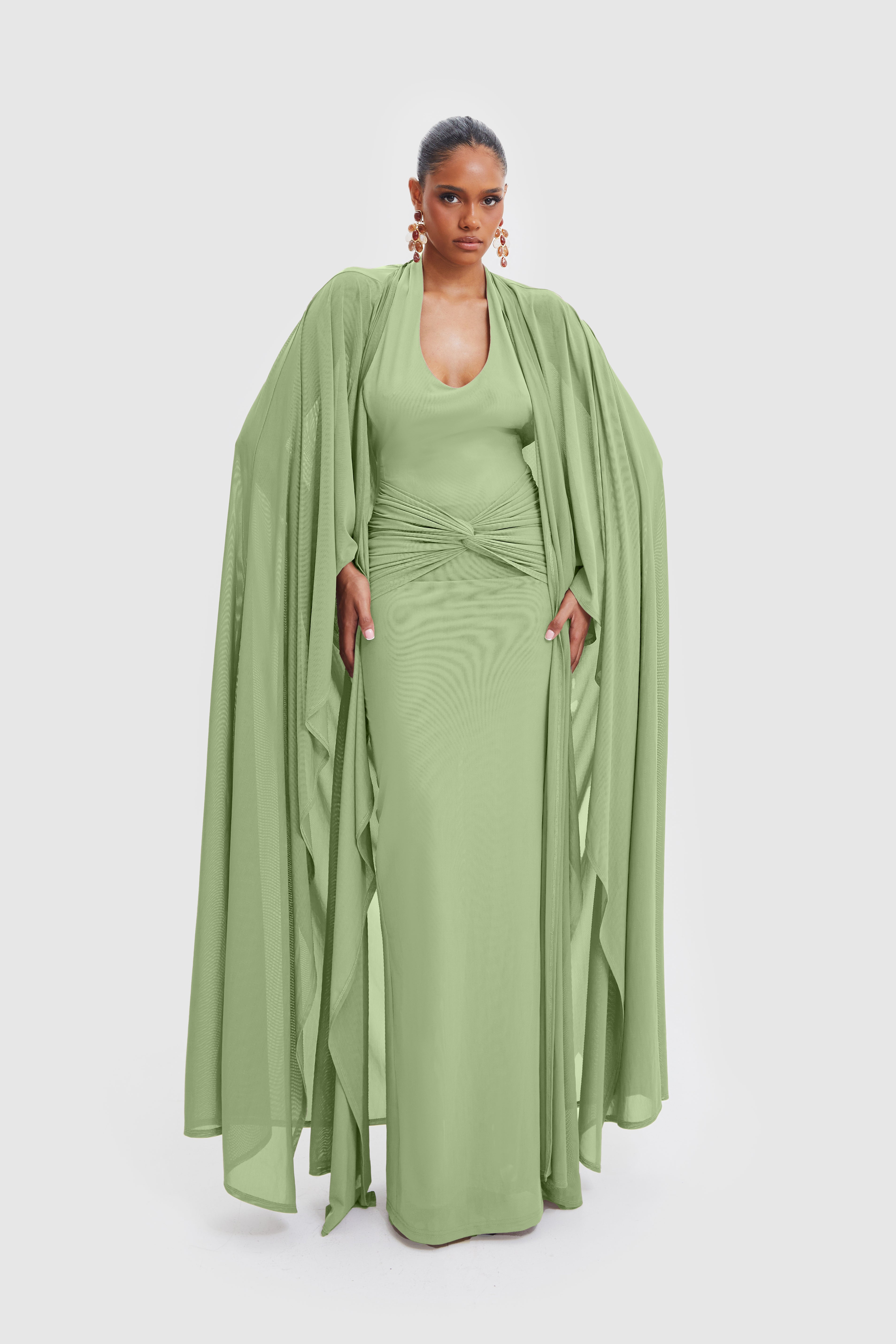 Aluya Mesh Draped Cape - Warm Matcha