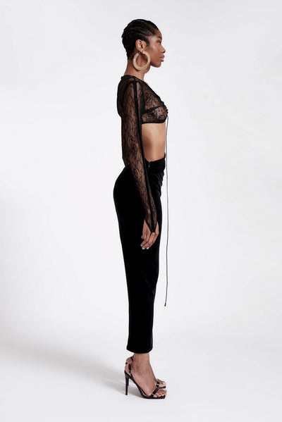 Asymmetric Velvet Lace Dress - Panther