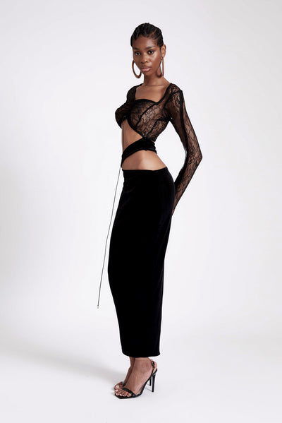 Asymmetric Velvet Lace Dress - Panther