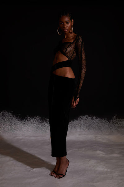 Asymmetric Velvet Lace Dress - Panther