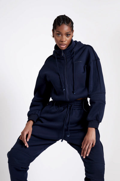 Quilted Arm Zip-Up Hooded Jacket - Midnight