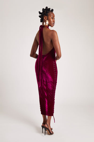 Halter Velvet Maxi - Crushed Dragonfruit