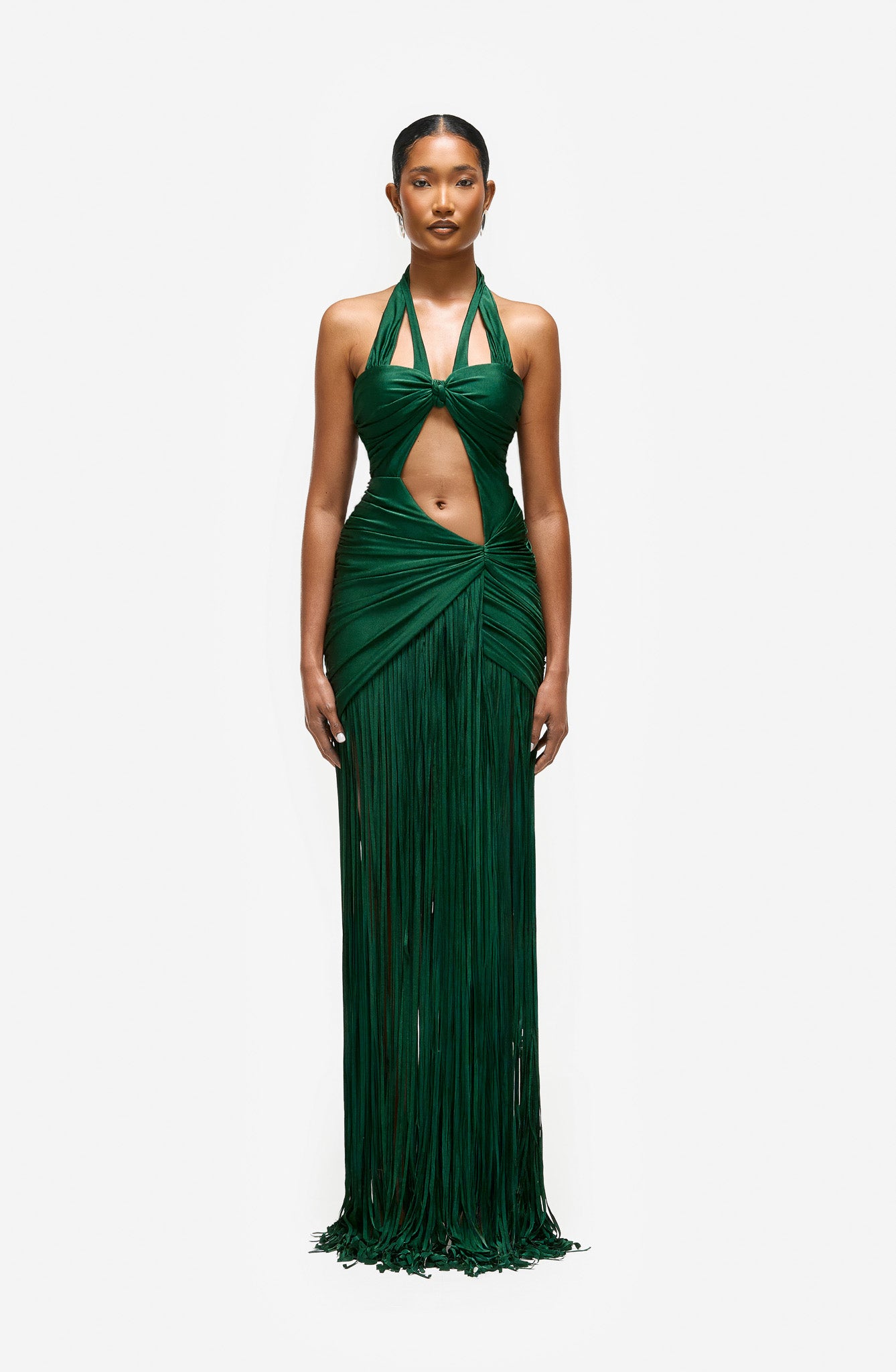 Asymmetric Halter Cut Out Tassel Dress - Forest