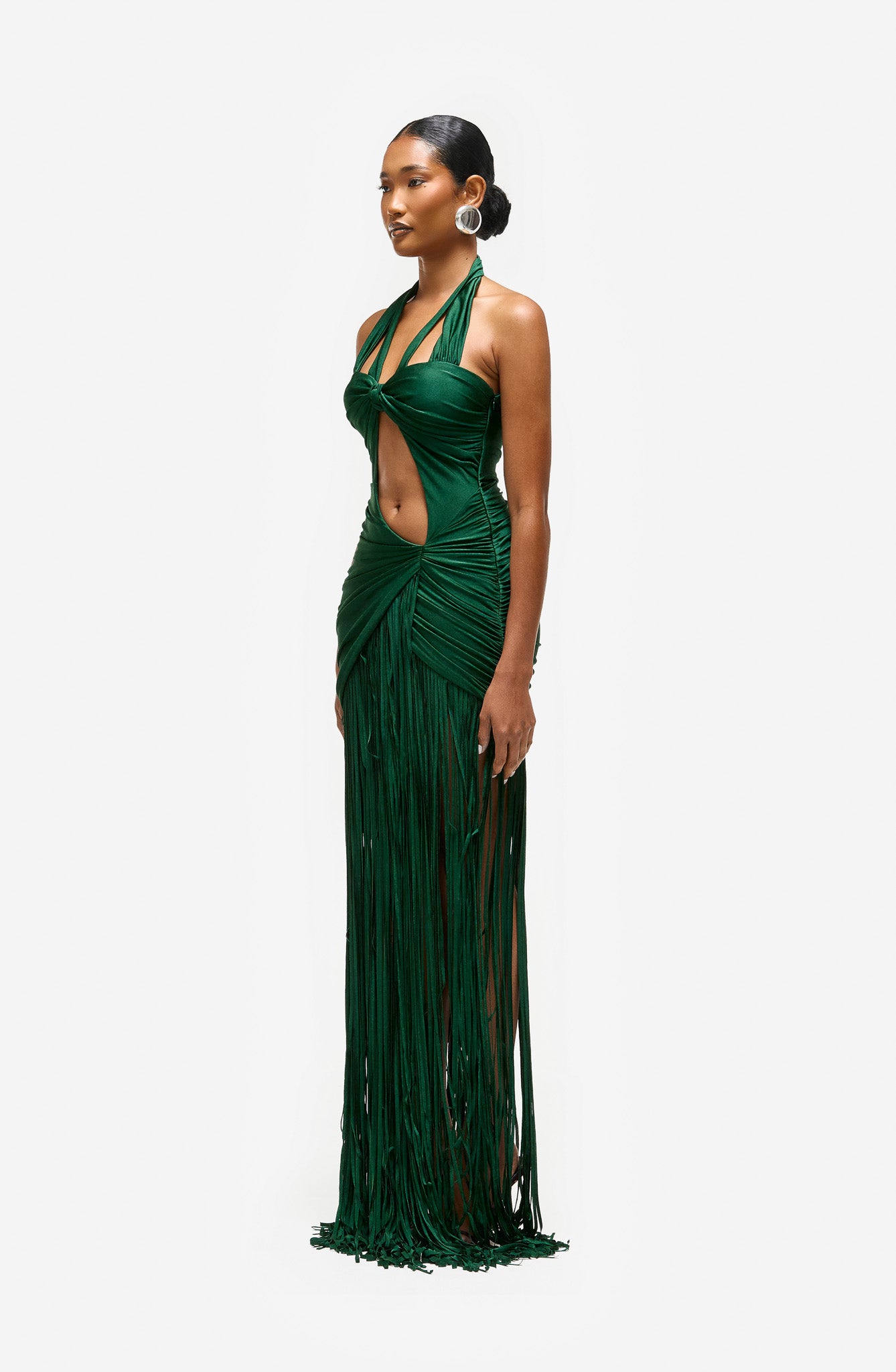 Asymmetric Halter Cut Out Tassel Dress - Forest