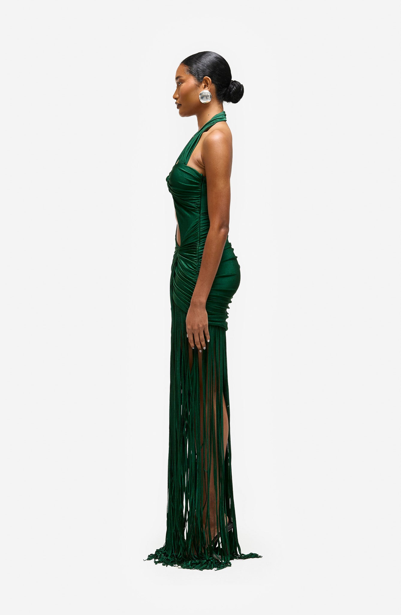 Asymmetric Halter Cut Out Tassel Dress - Forest