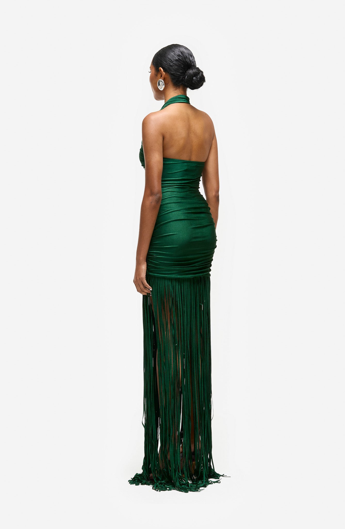 Asymmetric Halter Cut Out Tassel Dress - Forest