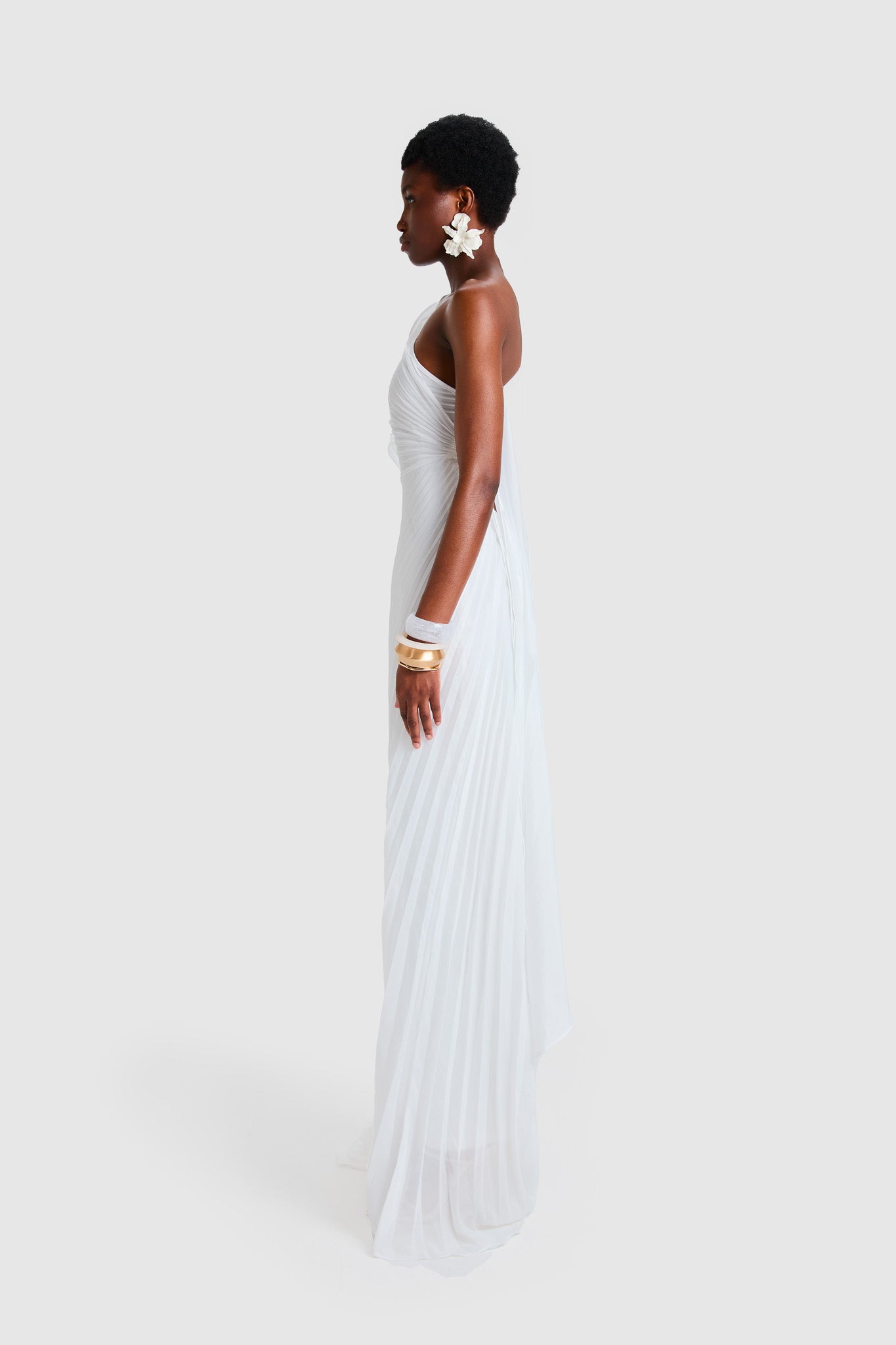 Chiffon Pleated Asymmetric Maxi - White