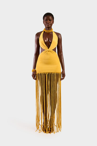 Cut Out Tassel Dress in Yellow | Bbxbrand UK 18 | US 14