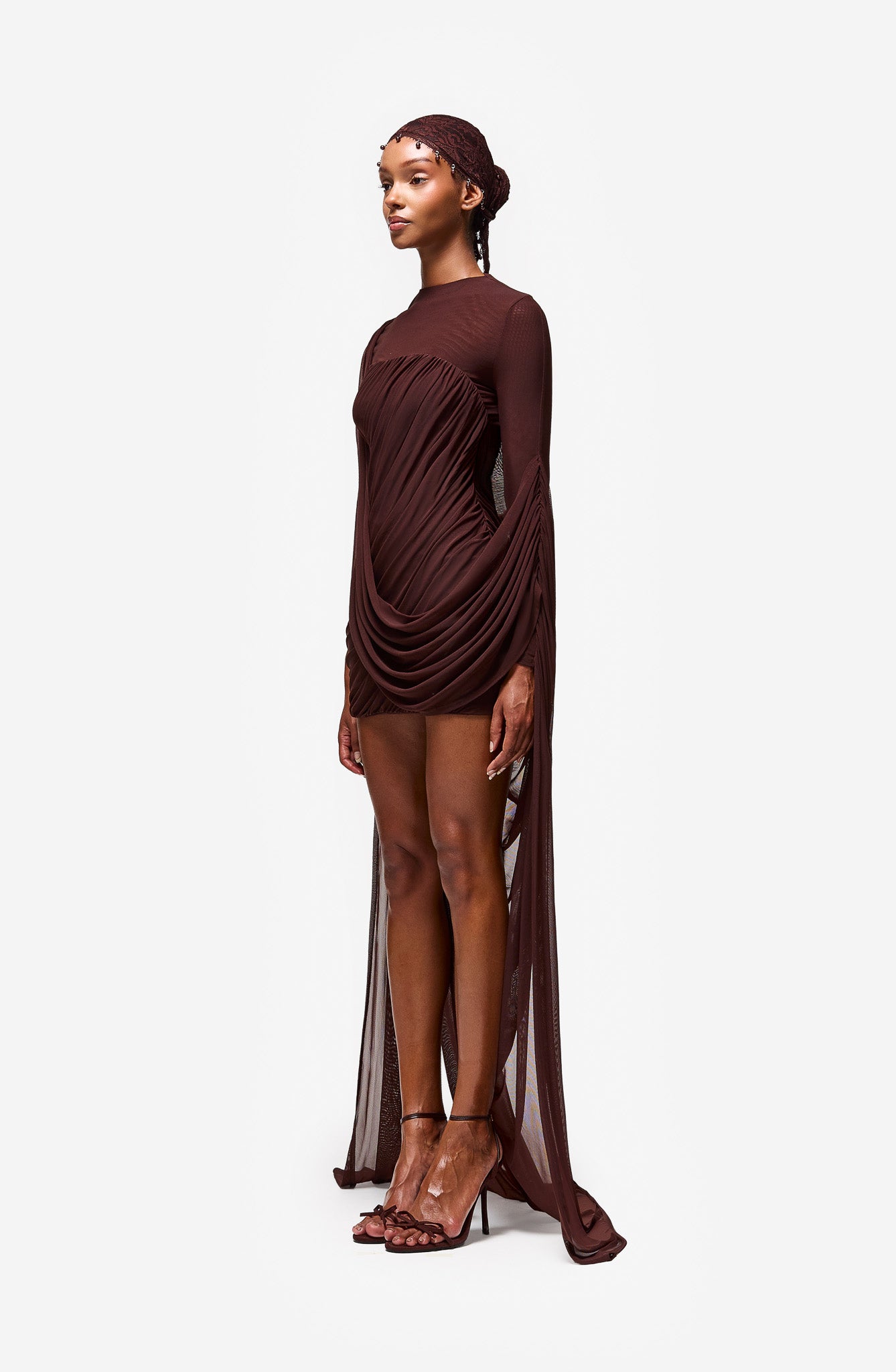 Diagonal Ruched Mini With Cape - Expresso Martini