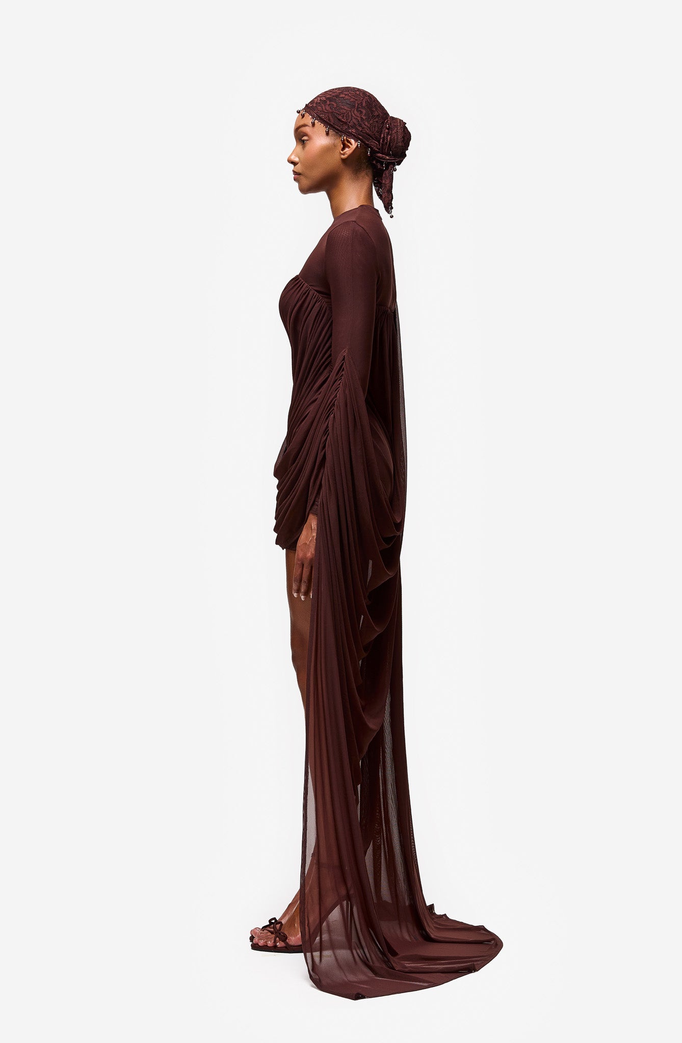 Diagonal Ruched Mini With Cape - Expresso Martini