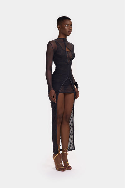 chanel black dress with gold chains Ruched Mesh Overlay Lace Mini – BBXBRAND