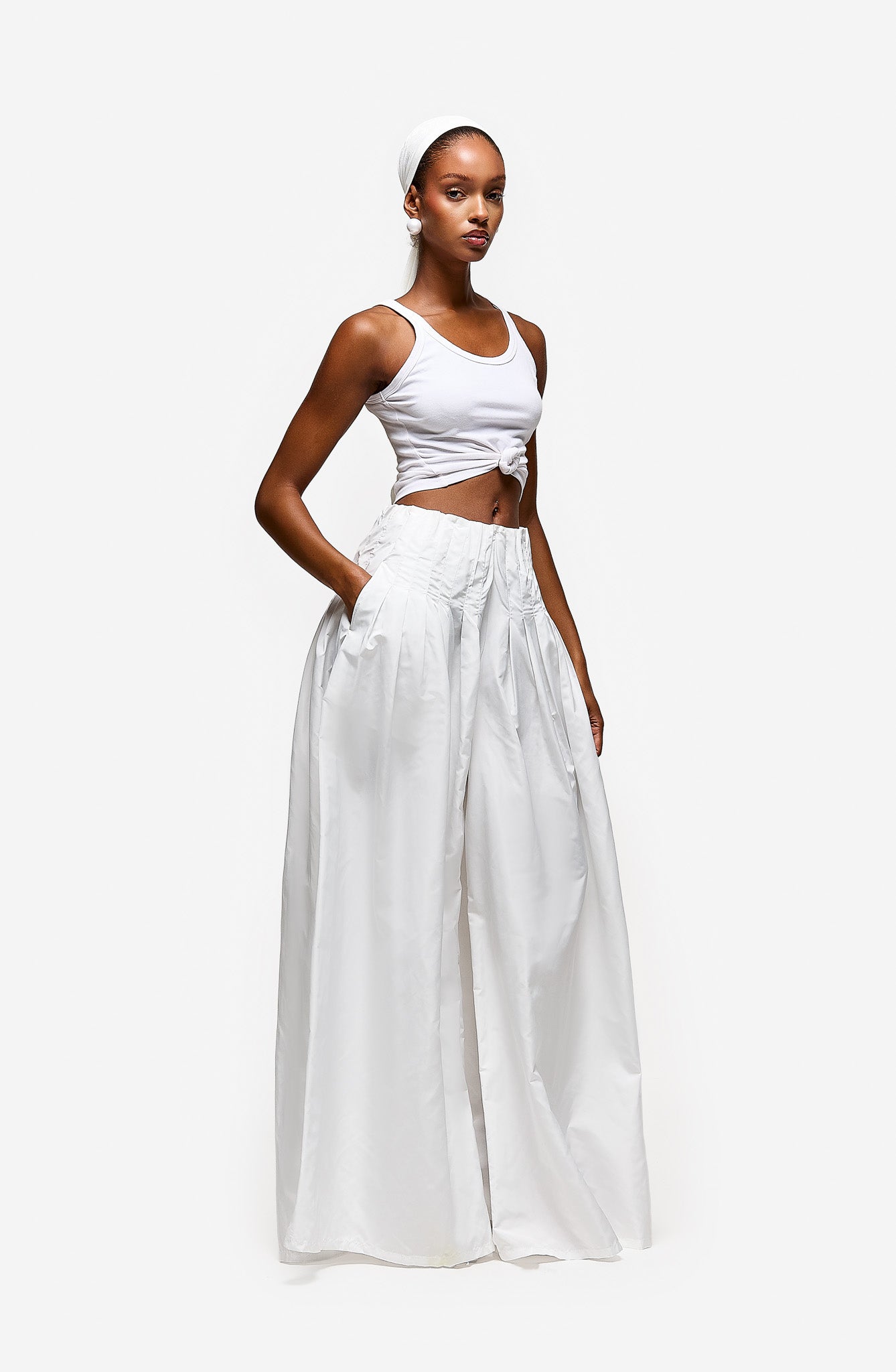Wide Leg Pleated Nylon Pant - White