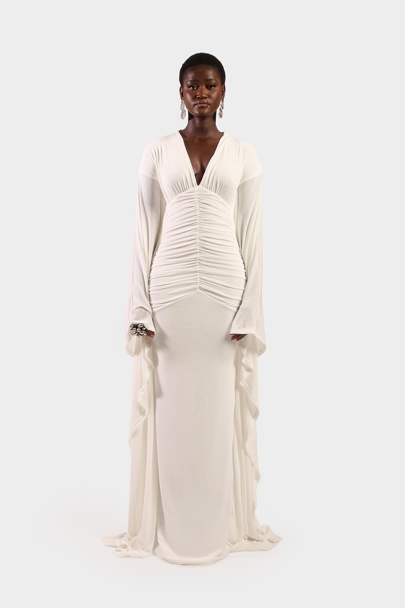Ruched Batwing Gown - White