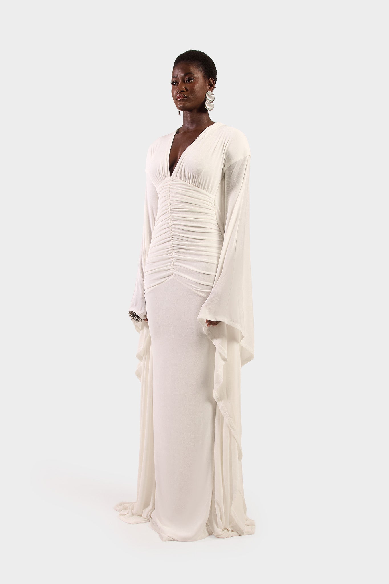 Ruched Batwing Gown - White
