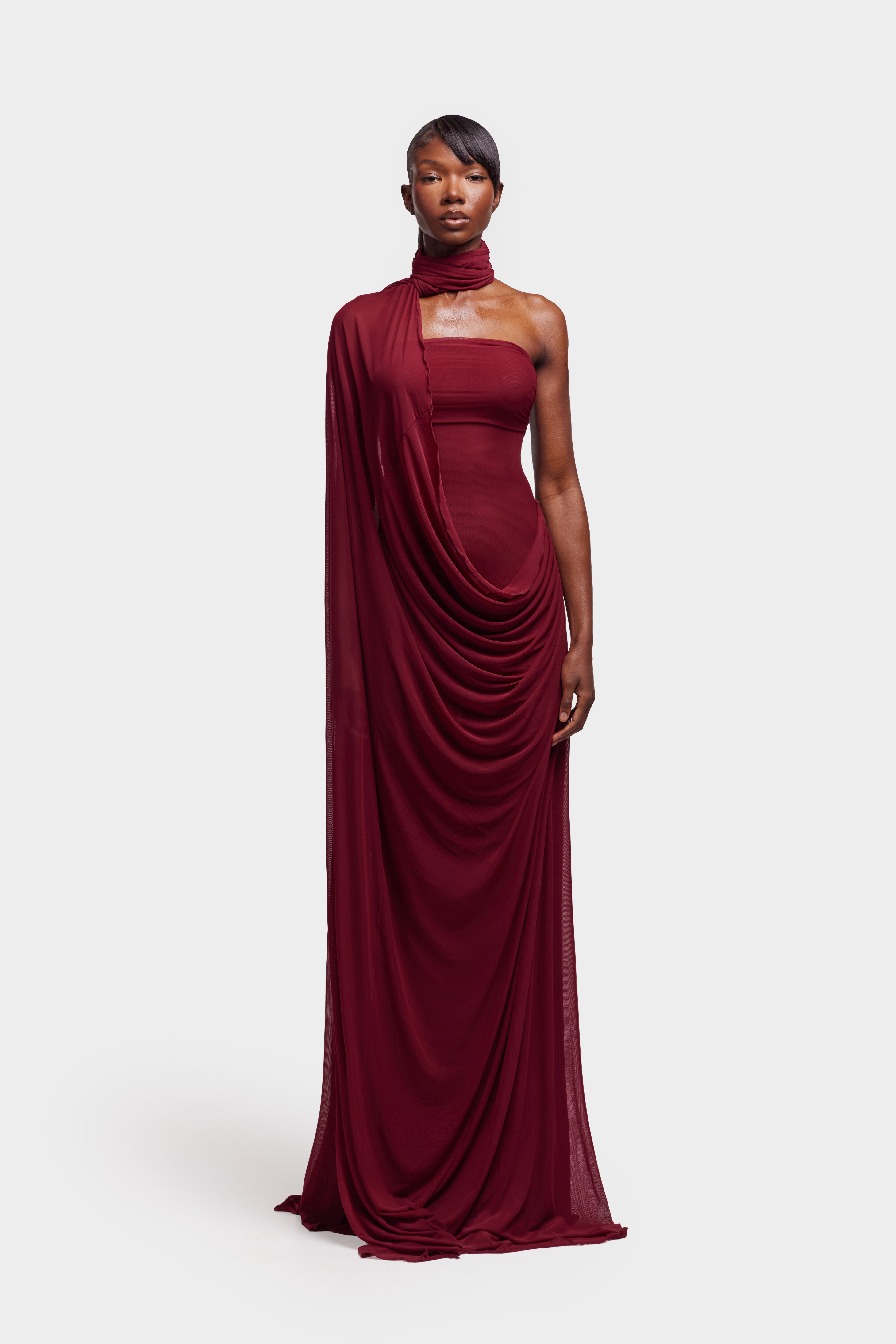 waterfall evening dress Beaded One Shoulder Stretch Column Gown In Waterfall