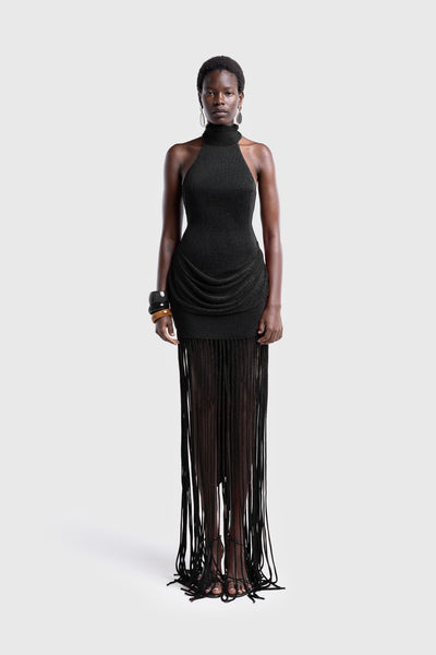 black dress with tassels Jasmine Fringe Maxi Dress, in Black Luxe Satin, Size: XS | Show Me Your Mumu main image 0