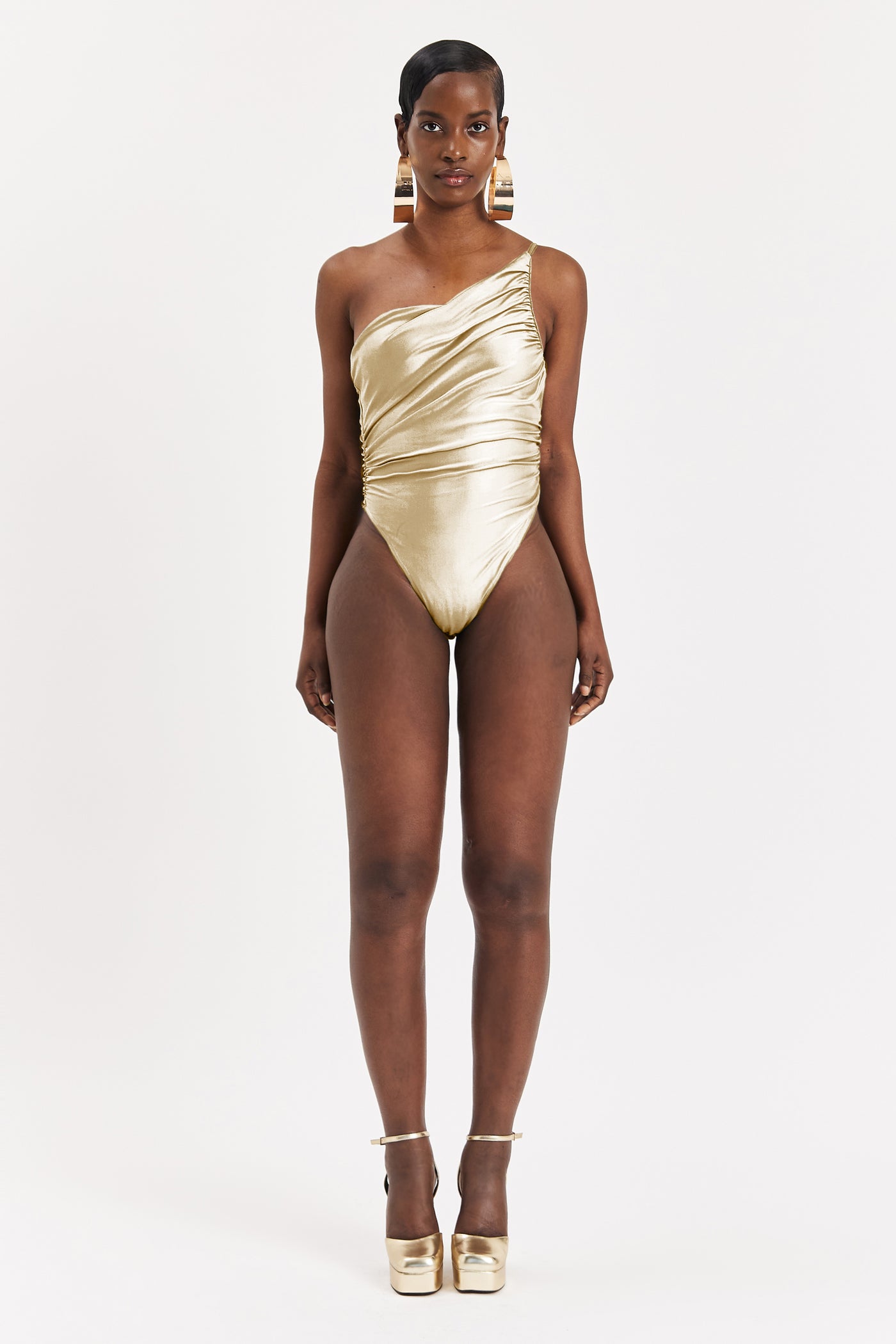 Liquid Gold Ruched Asymmetric Bodysuit