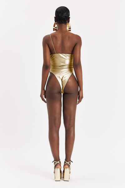 Liquid Gold Ruched Asymmetric Bodysuit