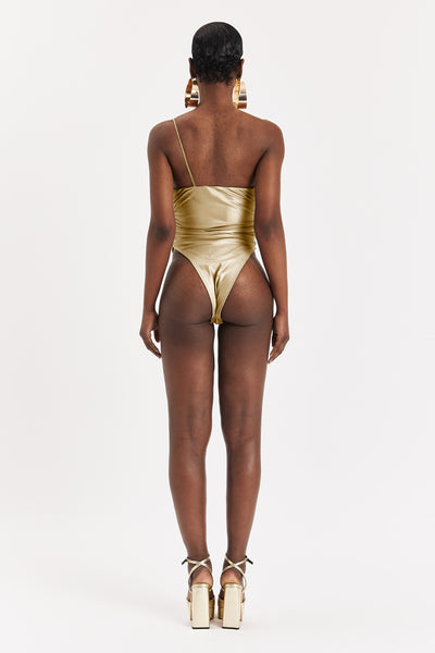 Liquid Gold Ruched Asymmetric Bodysuit